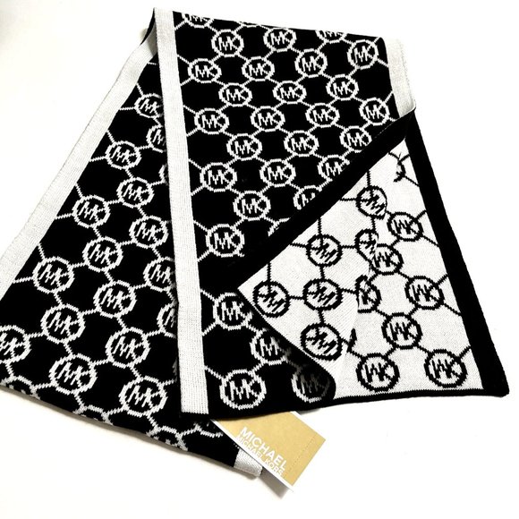 NWT Bundle 2PC MICHAEL KORS Scarf + Gloves Black White Signature Logo Acrylic - Picture 5 of 8